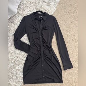 Black Ruched Long Sleeve Dress with Collar